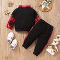 2pcs Baby Boy 95% Cotton Black Spliced Plaid Polo Neck Long-sleeve Letter Embroidered Sweatshirt & Sweatpants Set redblack image 2