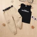 3pcs Toddler Girl Trendy Letter Print Tank Top and Cargo Pants & Belt Set Black image 1