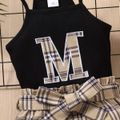 2pcs Toddler Girl Trendy Letter Embroidered Camisole and Plaid Belted Shorts Set Black image 3