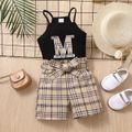 2pcs Toddler Girl Trendy Letter Embroidered Camisole and Plaid Belted Shorts Set Black image 1