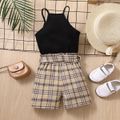 2pcs Toddler Girl Trendy Letter Embroidered Camisole and Plaid Belted Shorts Set Black image 2