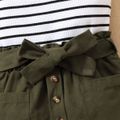 2pcs Toddler Girl Trendy Stripe Halter Tee and Pocket Design Belted Cotton Skirt Set Army green image 5
