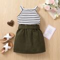 2pcs Toddler Girl Trendy Stripe Halter Tee and Pocket Design Belted Cotton Skirt Set Army green image 2