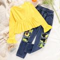 2-piece Kid Girl Bell sleeves Yellow Peplum Top and Sunflower Print Patchwork Ripped Denim Jeans Set Yellow