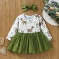 2pcs Baby All Over Animal Print Long-sleeve Splicing Mesh Dress Set Pale Green image 1