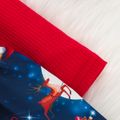 Christmas 2pcs Outer Space Santa Print Red Ruffle Long-sleeve Waffle Splicing Dress Set Red