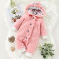 3D Ears Hooded Long-sleeve Ruffle Pink Thickened Lined Baby Jumpsuit Pink image 1
