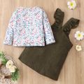 2-piece Toddler Girl Floral Print Long-sleeve Tee and Ruffled Button Design/Fox Pattern Overall Dress Set Army green