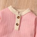 2pcs Baby Boy/Girl Solid Ribbed Long-sleeve Button Top and Trousers Set Pink
