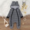 Baby Boy/Girl Striped 3D Ears Hooded Long-sleeve Footed Snap-up Jumpsuit Dark Blue/white image 1