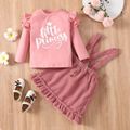 2-piece Toddler Girl Letter Print Ruffled Long-sleeve Pink Top and Ruffle Hem Suspender Skirt Set Pink