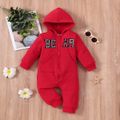 Baby Boy/Girl Letter Embroidered Thickened Fleece Lined Long-sleeve Hooded Jumpsuit Red