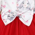 2pcs Baby Girl Rabbit Print Long-sleeve Bowknot Splicing Mesh Dress Set Red