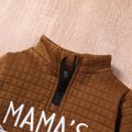 2pcs Baby Girl Letter Embroidered Textured Long-sleeve Zip Top and Trousers Set Brown