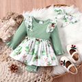 2pcs Baby Girl Solid Ribbed Long-sleeve Splicing Animal Print Ruffle Skirted Romper with Headband Set Turquoise