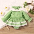 100% Cotton Crepe 2pcs Baby Girl Solid Long-sleeve Lace Layered Romper with Headband Set Light Green