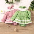 100% Cotton Crepe 2pcs Baby Girl Solid Long-sleeve Lace Layered Romper with Headband Set Light Green