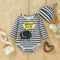 3pcs Baby Boy Elephant Letter Print Striped Long-sleeve Romper and Overalls with Hat Set Black