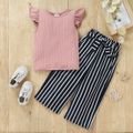 2-piece Toddler Girl Ribbed Flutter-sleeve Pink Tee and Stripe Belted Pants Set Pink