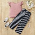 2-piece Toddler Girl Ribbed Flutter-sleeve Pink Tee and Stripe Belted Pants Set Pink