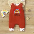 Baby Boy/Girl Rainbow and Letter Embroidered Brown Waffle Sleeveless Jumpsuit Brown