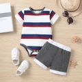 2pcs Baby Boy/Girl Striped/Colorblock Short-sleeve Romper and Shorts Set Dark blue/White/Red