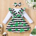 St. Patrick's Day 3pcs Baby Girl Letter Print Long-sleeve Romper and Four-leaf Clover Print Striped Suspender Skirt with Headband Set White