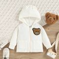 Baby Boy/Girl Teddy Bear Embroidered White Textured Long-sleeve Hooded Zip Jacket Beige