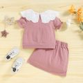 2-piece Toddler Girl Schiffy Statement Collar Button Design Ribbed Blouse and Elasticized Skirt Set Pink