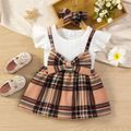 2pcs Baby Girl 95% Cotton Ribbed Flutter-sleeve Splicing Plaid Bowknot Dress with Headband Set White