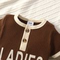 Baby Boy 95% Cotton Ribbed Short-sleeve Mustache and Letter Print Button Up Jumpsuit Brown