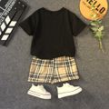 2pcs Toddler Boy Casual Letter Print Tee & Plaid Shorts Set Black