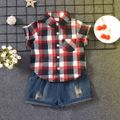 2pcs Toddler Boy Casual Ripped Denim Shorts and Plaid Shirt Set Burgundy image 1