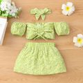 3pcs Baby Girl Green Floral Print Off Shoulder Strapless Puff-sleeve Crop Top and Skirt with Headband Set Green image 1
