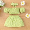 3pcs Baby Girl Green Floral Print Off Shoulder Strapless Puff-sleeve Crop Top and Skirt with Headband Set Green image 2