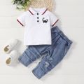 2pcs Toddler Boy Playful Ripped Denim Jeans and Dinosaur Print Polo Shirt Set White