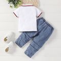2pcs Toddler Boy Playful Ripped Denim Jeans and Dinosaur Print Polo Shirt Set White