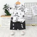 2pcs Toddler Boy Trendy Ripped Denim Shorts and Lapel Collar Floral Print Tee Set White image 1