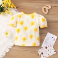 Baby Girl All Over Floral Print Textured Puff-sleeve Top Creamcolored