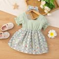 2pcs Baby Girl Bow Front Square Neck Puff-sleeve Floral Embroidered Splicing Dress with Headband Set Light Green