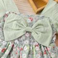 2pcs Baby Girl Bow Front Square Neck Puff-sleeve Floral Embroidered Splicing Dress with Headband Set Light Green