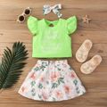 2pcs Toddler Girl Letter Print Bowknot Design Flutter-sleeve Green Tee and Floral Print Skirt Set Green