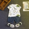 2pcs Toddler Boy Playful Ripped Denim Shorts and Dinosaur Print Tee Set White