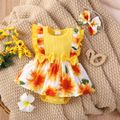 2pcs Baby Girl 95% Cotton Ribbed Splice Sunflower Print Ruffle Trim Bow Front Sleeveless Romper with Headband Set Yellow image 1