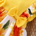 2pcs Baby Girl 95% Cotton Ribbed Splice Sunflower Print Ruffle Trim Bow Front Sleeveless Romper with Headband Set Yellow image 5