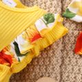 2pcs Baby Girl 95% Cotton Ribbed Splice Sunflower Print Ruffle Trim Bow Front Sleeveless Romper with Headband Set Yellow image 4