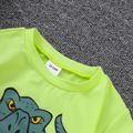 2pcs Toddler Boy Playful Dinosaur Embroidered Denim Shorts and Letter Print Tee Set Yellow