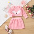 2pcs Baby Girl Pink Imitation Knitting Long-sleeve 3D Ears Decor Cartoon Fox Print Sweatshirt and Skirt Set Pink