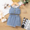 2pcs Baby Girl Button Front Denim Cami Top and Irregular Frayed Raw Trim Skirt Set Light Blue image 1