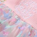 Baby Girl Rib Knit Flutter-sleeve Letter Embroidered Spliced 3D Butterfly Applique Mesh Dress Pink